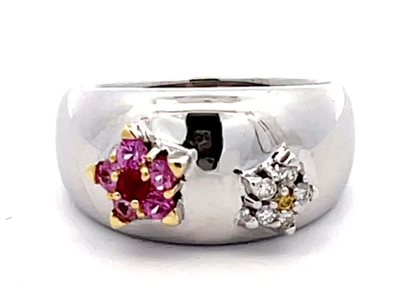 Rings with branch-inspired bands for organic -Ruby, Pink Sapphire, White and Yellow Diamond Flower Dome Ring 18k White Gold