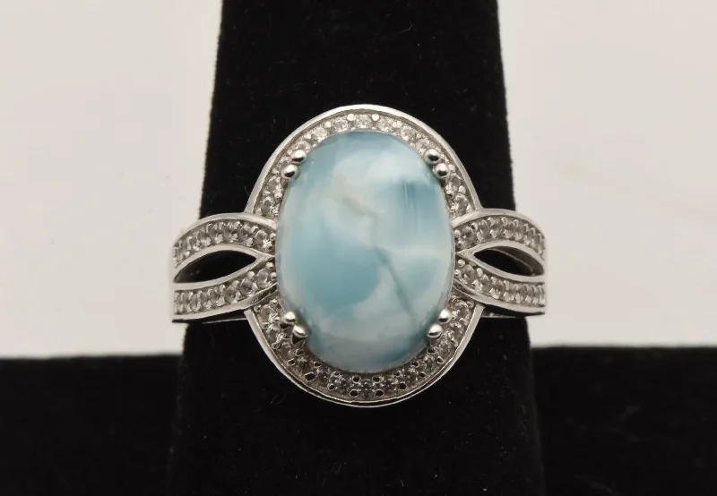 Rings with vintage claw prongs for elegance -Vintage Larimar and Topaz Sterling Silver Ring - Size 9