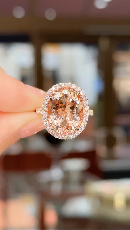 Rings with rough sapphire for rugged chic -9.43ct Oval Peach Pink Morganite Ring with Filigree