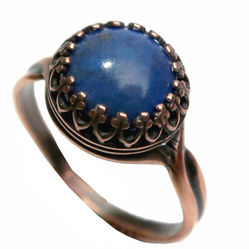 Rings with lotus flower engravings for peace -Lapis Ring Round Blue Gem Antiqued Copper Adjustable