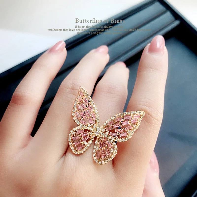 Rings with rough opal for organic shine -Luxury Butterfly Rings For Women Gold Silver Color Alloy Engagement Wedding Party Female Finger Ring Fashion Jewelry anillos