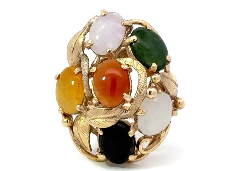 Rings with black diamond for striking contrast -Multi Colored Jade Leaf Ring 14K Yellow Gold