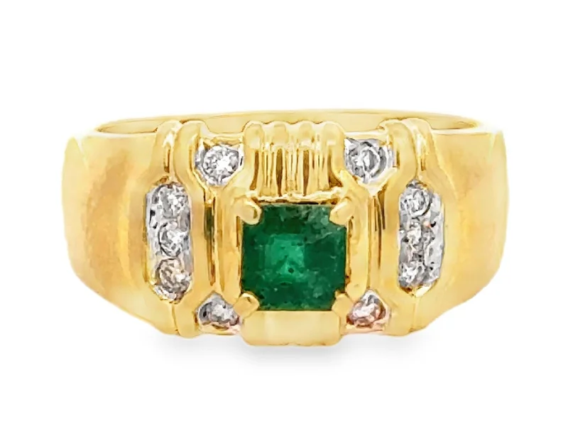 Rings with faceted garnet for deep shine -Green Square Emerald and Diamond Band Ring 18k Yellow Gold