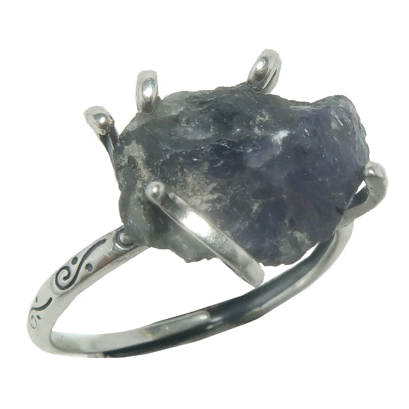 Rings with rough sapphire for rugged chic -Iolite Ring Rich Blue Stone Sterling Silver Adjustable