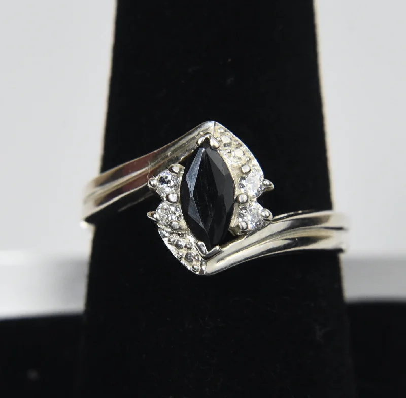 Vintage rings with engraved floral band designs -Sterling Silver Ring with Very Dark Blue Sapphire - Size 8