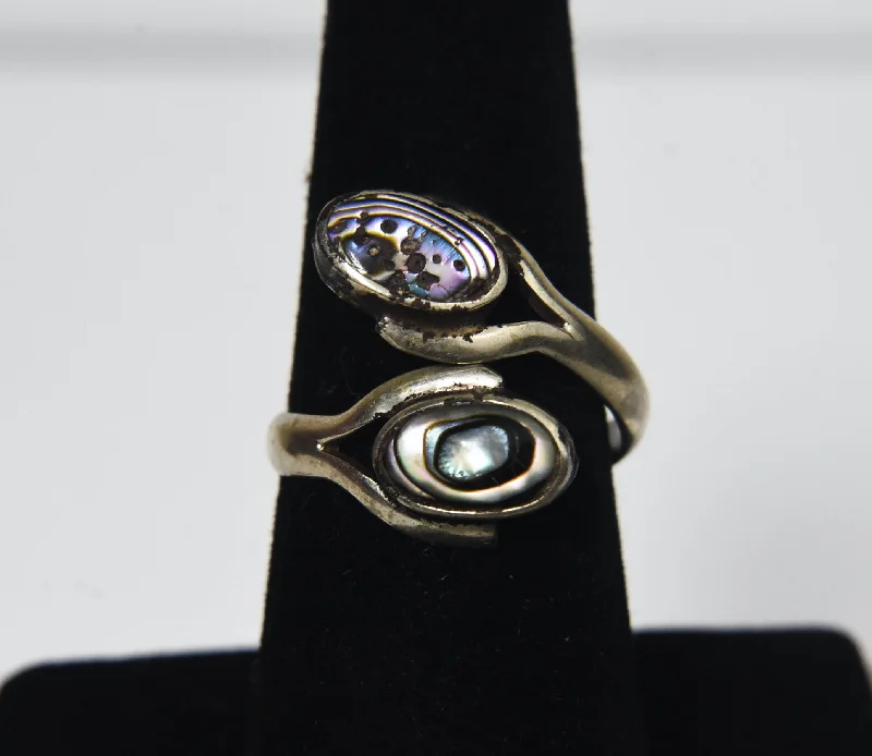 Rings with bold ruby stones for drama -Silver Bypass Abalone Shell Ring - Size 6.5