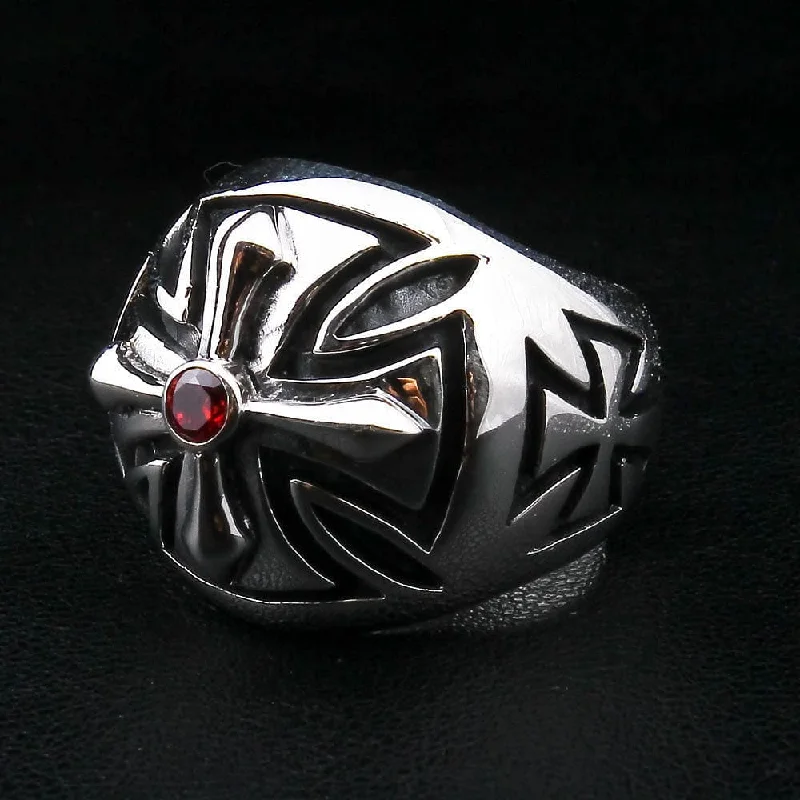 Rings with knot motifs for symbolic love -Garnet Sterling Silver Biker Cross Ring