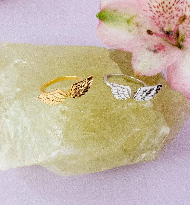 Rings with malachite stones for green patterns -Gold Angel Wing Adjustable Ring