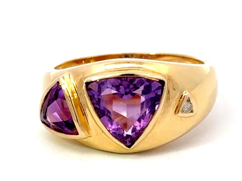 Rings with herkimer diamonds for raw clarity -Trilliant Purple Amethyst Diamond Band Ring 14k Yellow Gold