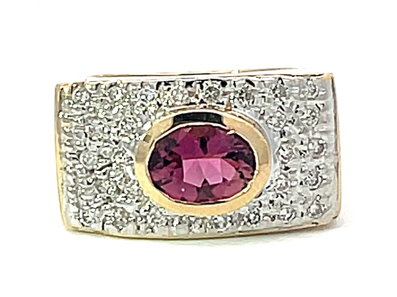 Rings with claw-set moonstone for mystique -Pink Tourmaline and Diamond Wide Ring in 14k Yellow Gold