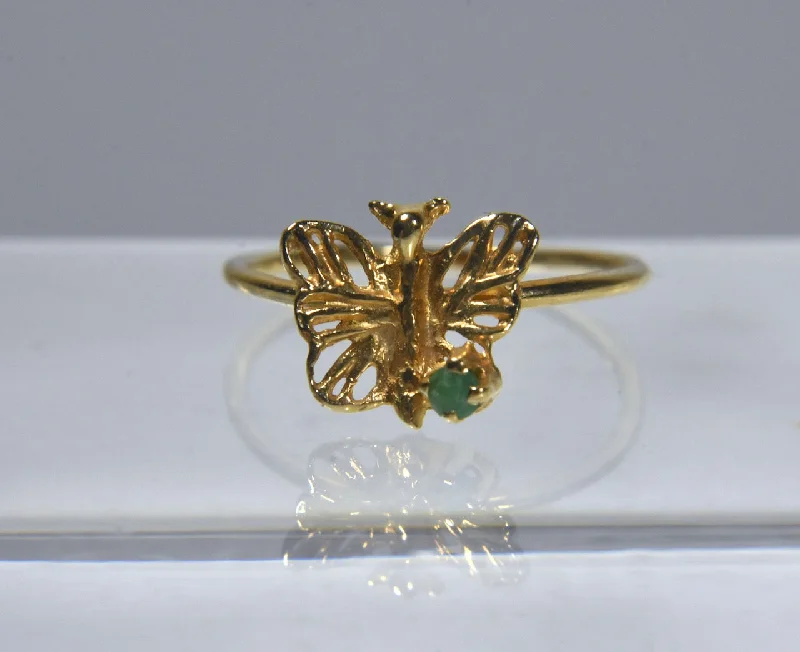 Titanium rings with rugged brushed metal look -14k Yellow Gold Butterfly Ring with Emerald - Size 2.75