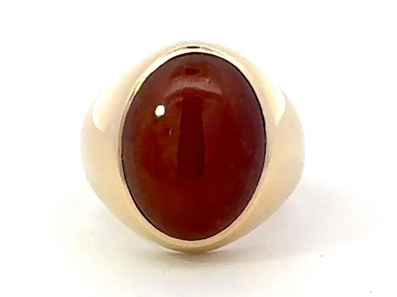 Minimalist rings with tiny diamond dot accents -Bezel Set Red Brown Oval Cabochon Jade Ring 14k Yellow Gold