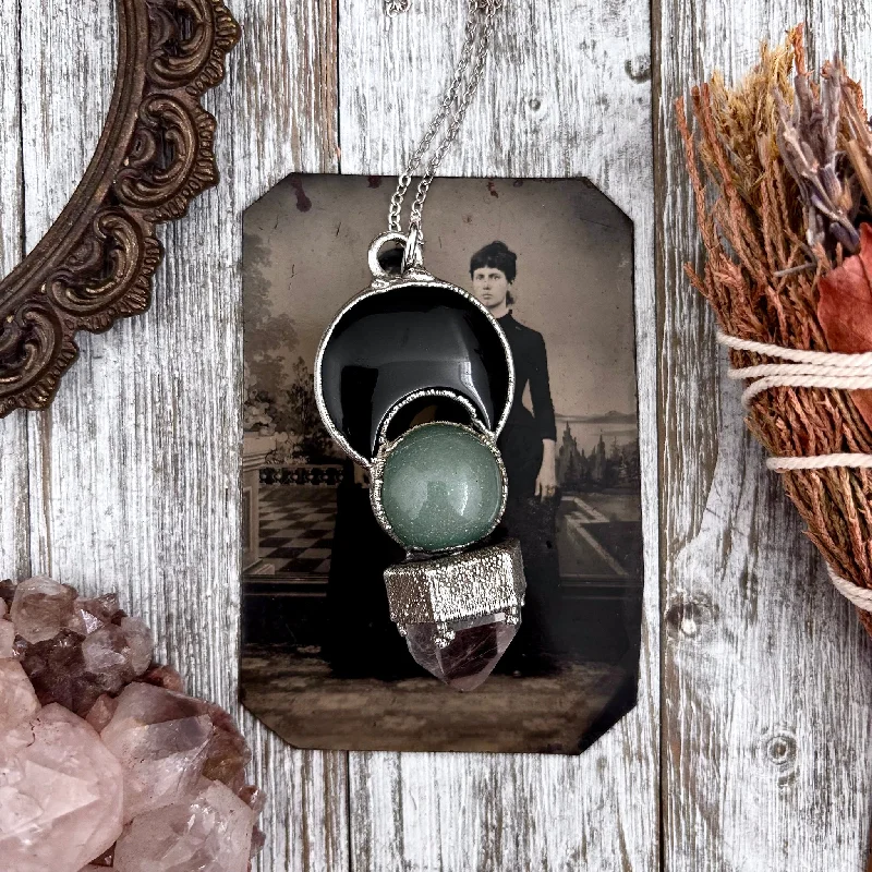 Beautiful necklaces and pendants with natural stones for an earthy, organic vibe-Minimalist gold necklaces for everyday elegance -Black Onyx Moon, Green Aventurine Crystal ball, Clear Quartz Necklace in Fine Silver / Foxlark Collection - One of a Kind