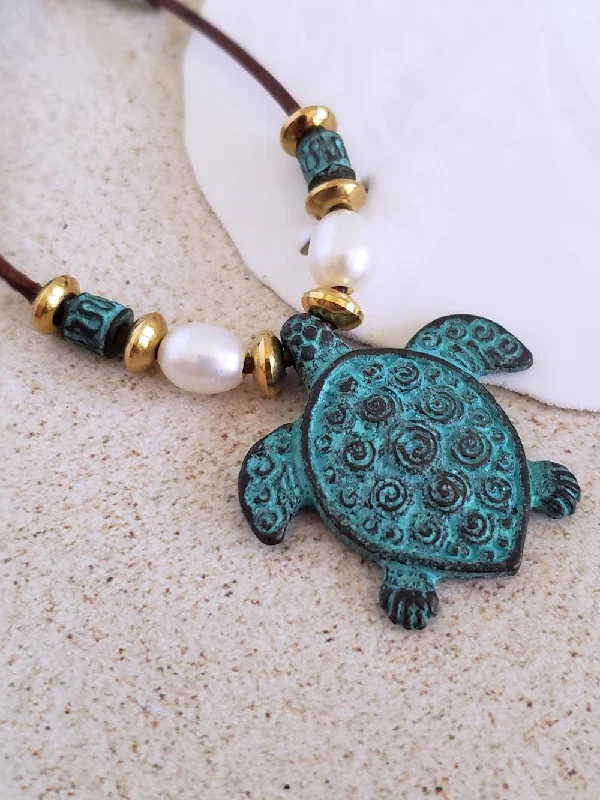 Beautiful necklaces and pendants with moonstone for an ethereal, mystical appearance-Cute charm necklaces for kids -Sea Turtle Necklace- Antique Copper & Leather