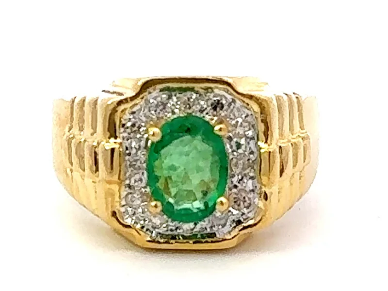 Platinum rings with sparkling sapphire center stones -Oval Green Emerald and Diamond Halo Rolex Shoulders Ring 18k Yellow Gold