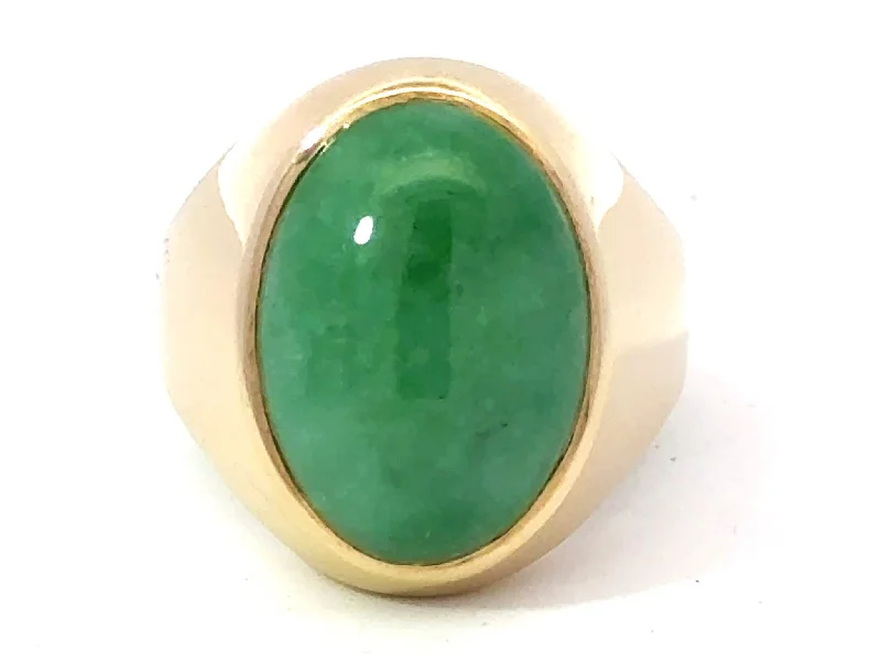 Rings with vine-wrapped bands for nature -Oval Cabochon Green Jade Ring 14K Yellow Gold