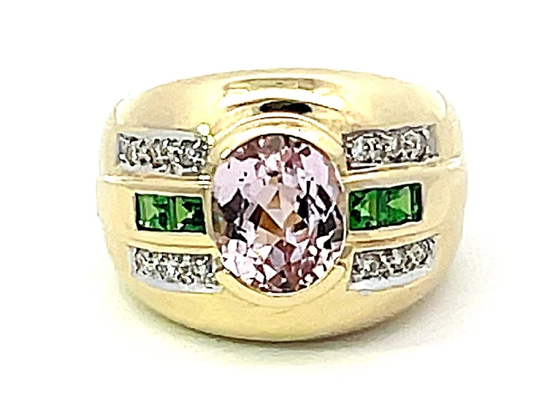 Rings with raw citrine for sunny charm -Pink Kunzite Green Tsavorite Garnet Diamond Cigar Band Ring in 14k Yellow Gold