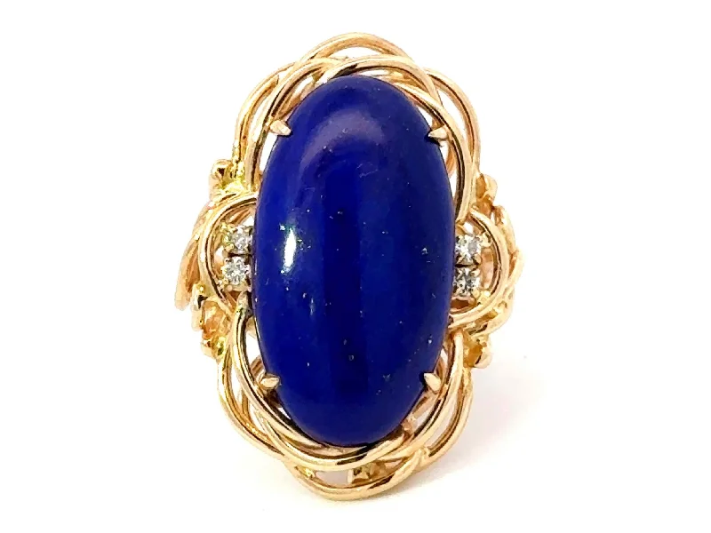 Rings with shield-shaped stones for boldness -Large Lapis Lazuli Diamond Cocktail Ring 14k Yellow Gold