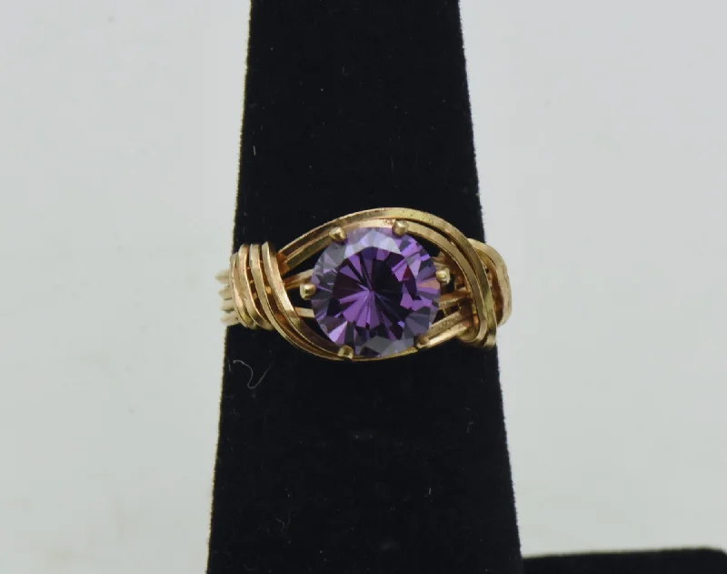 Rings with engraved constellations for stargazers -Vintage 18K Gold Wire Wrapped Purple Cubic Zirconia Ring - Size 4.75