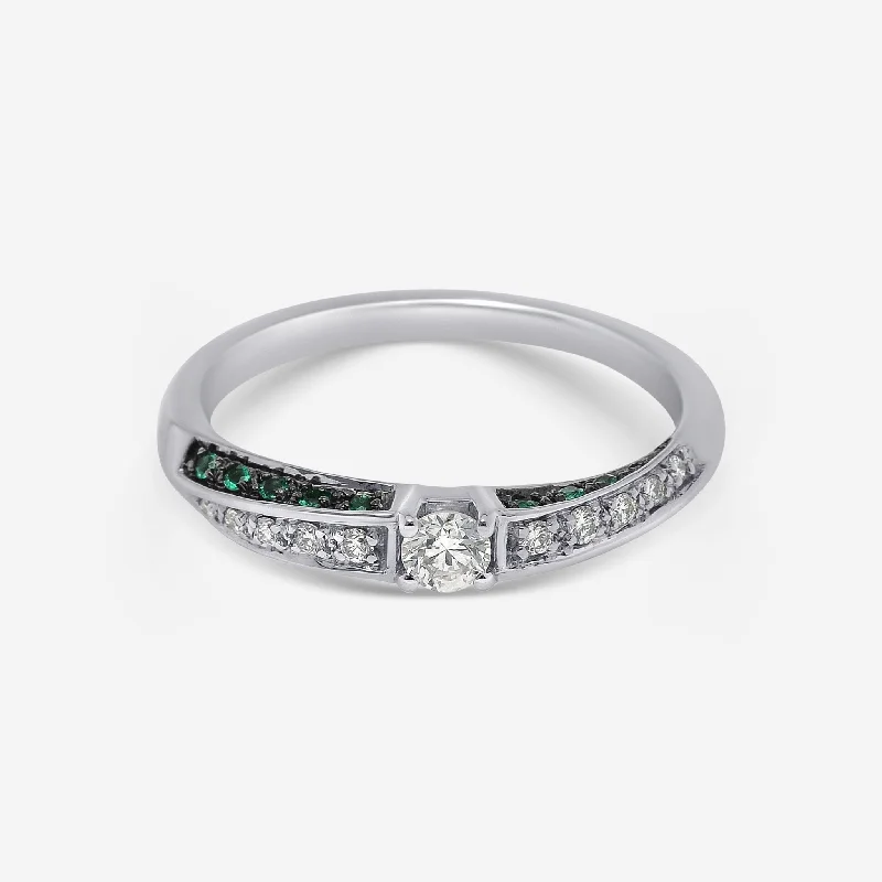 Vintage rings with engraved floral band designs -Bliss By Damiani 18K White Gold, Diamond and Emerald Band Ring Sz 7 20067091