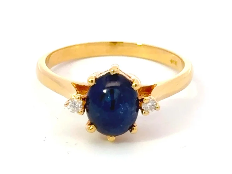 Rings with pave ruby for dazzling sparkle -Cabochon Blue Sapphire Diamond Ring 18k Yellow Gold