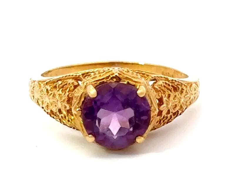 Rings with vintage claw prongs for elegance -Round Purple Amethyst Filigree Ring 14k Yellow Gold