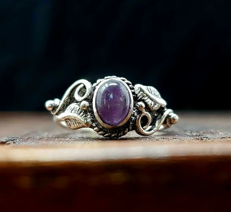 Handcrafted rings with raw emerald rough stones -Amethyst Botanical Ring