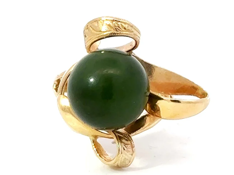 Rings with pink sapphire for delicate charm -Olive Green Jade Bead Ring 18k Yellow Gold