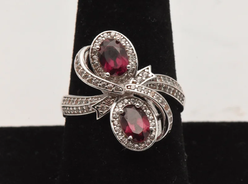 Rings with etched floral bands for detail -Vintage Sterling Silver Red Garnet and Topaz Ring - Size 9