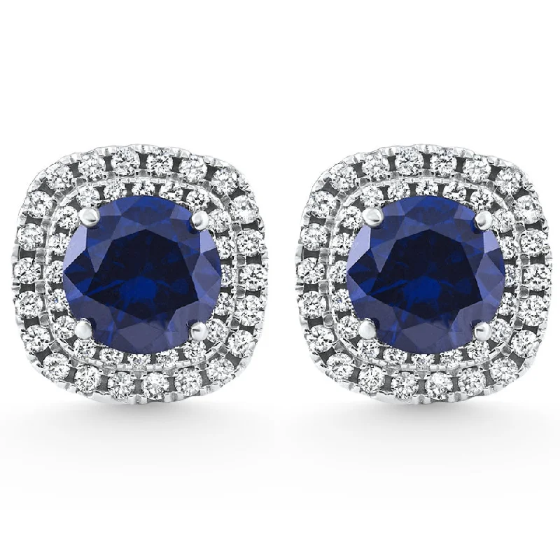 Best hoop earrings with marbled designs for a trendy and artistic effect-2.65Ct Cushion Halo Blue Sapphire Diamond Studs 14k White Gold Earring Lab Grown