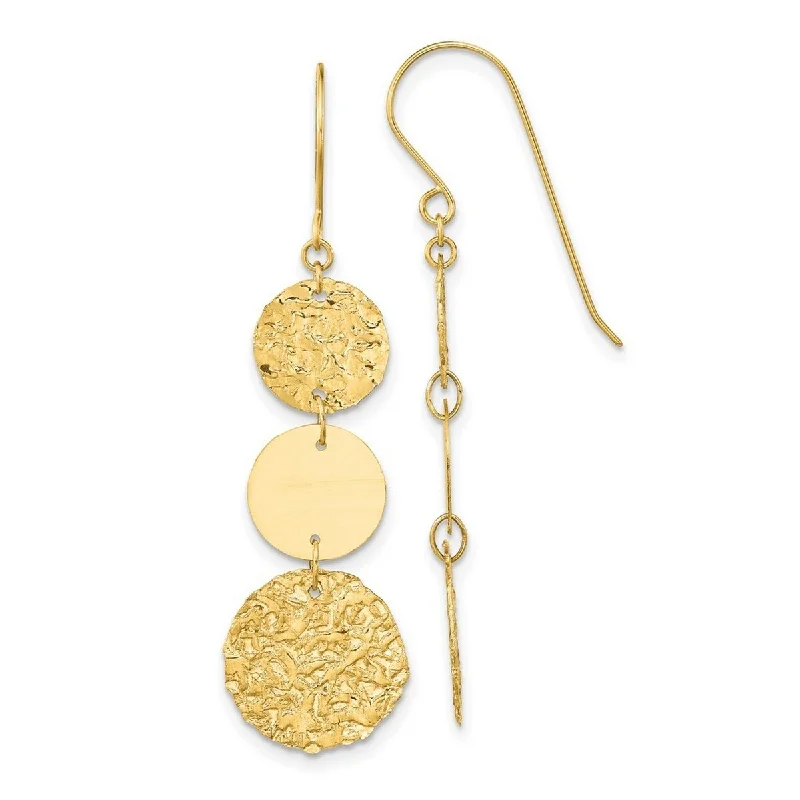 Hoop earrings with a chunky design for a bold and trendy statement-Curata 14k Yellow Gold Textured 3 Tier Circle Drop Dangle Earring - 44x12mm