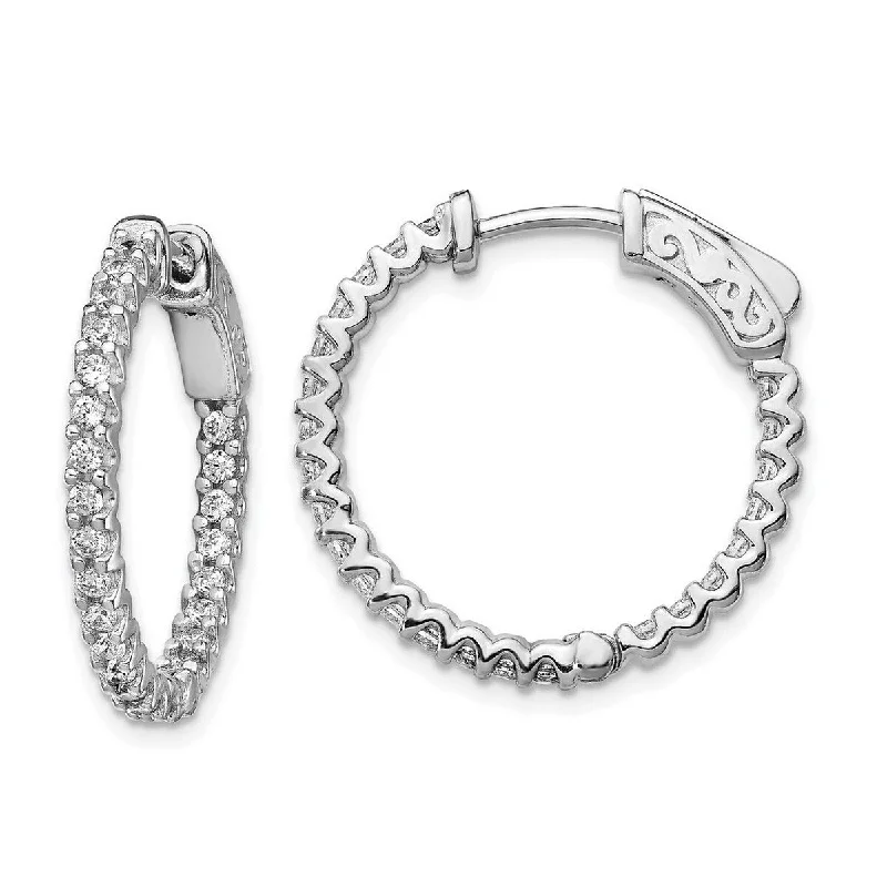 Hoop earrings with artistic filigree designs for an intricate, delicate finish-Curata 925 Sterling Silver Polished Hinged hoop Safety clasp Rhodium Plated CZ Cubic Zirconia Simulated Diamond In and Out Hoop