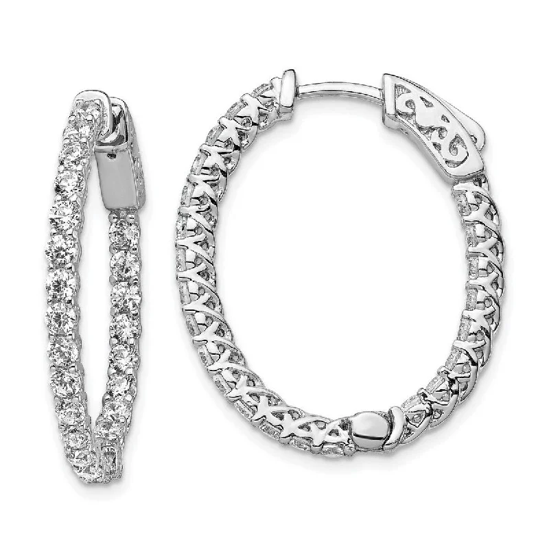 Best hoop earrings with butterfly motifs for a playful and whimsical appearance-Curata 925 Sterling Silver Polished Prong set Hinged hoop Safety clasp Rhodium plated CZ Cubic Zirconia Simulated Diamond Oval H