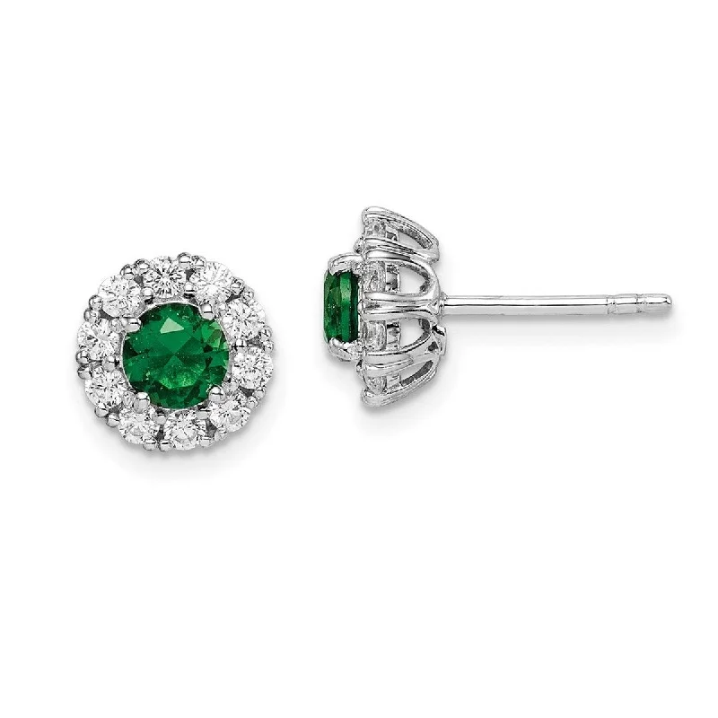 Hoop earrings with artistic filigree designs for an intricate, delicate finish-Curata 925 Sterling Silver Rhodium Plated Green Glass and CZ Cubic Zirconia Simulated Diamond Halo Post Earrings Measures