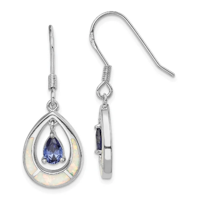 Hoop earrings with tortoiseshell designs for a chic and classic style-Curata 925 Sterling Silver Rhodium Plated Simulated Opal Inlay and Blue Cubic Zirconia TearLong Drop Dangle Earrings Mea