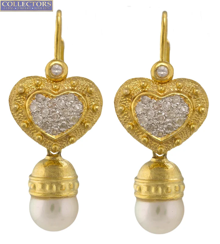 Best hoop earrings with matte finish for a sophisticated, understated design-Ladies 14K 585 Yellow Gold 0.62ctw Diamond Heart Pearl Drop Dangle Earrings