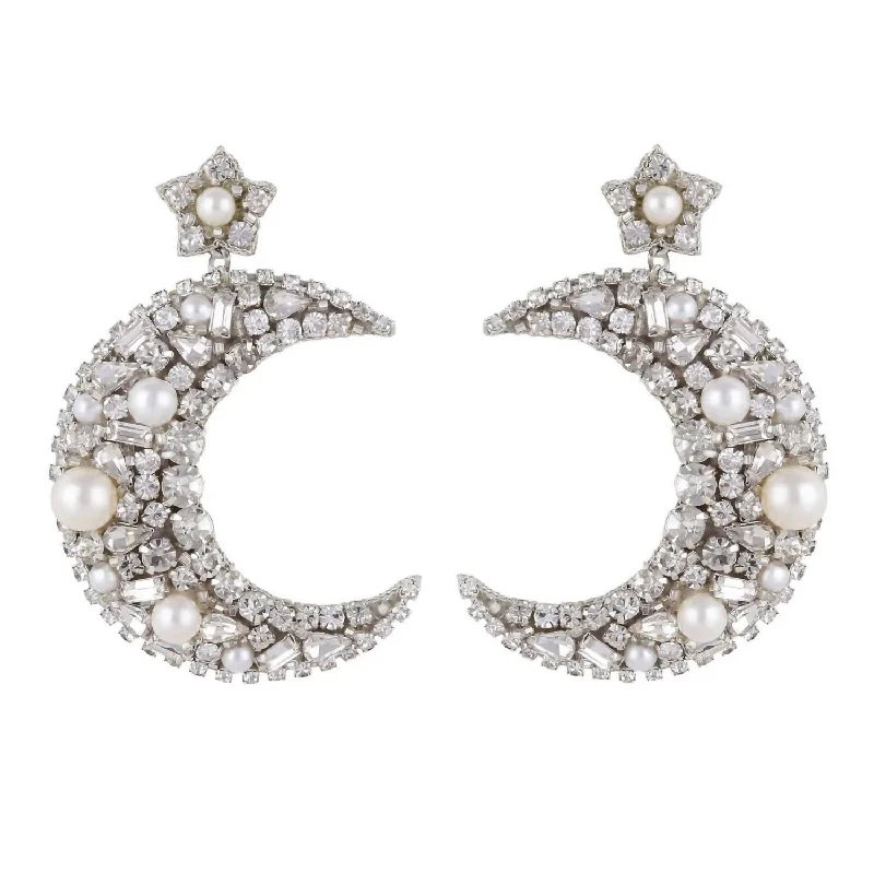 Hoop earrings with polished metal for a shiny and high-quality finish-Lavender Crystal Crescent Earrings In Silver