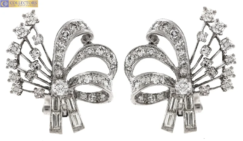 Hoop earrings with a matte finish for a sleek and sophisticated appearance-Ladies Vintage Estate Platinum 1.56ct Diamond Ribbon Bow Clip On Earrings