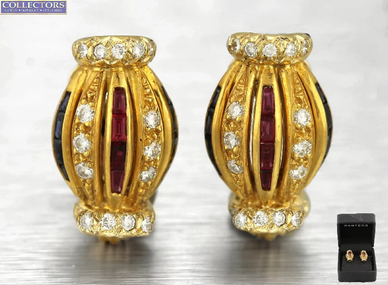 Hoop earrings with artistic filigree designs for an intricate, delicate finish-Vintage Portero 18K 750 Yellow Gold 0.68ctw Diamond Blue Pink Sapphire Earrings