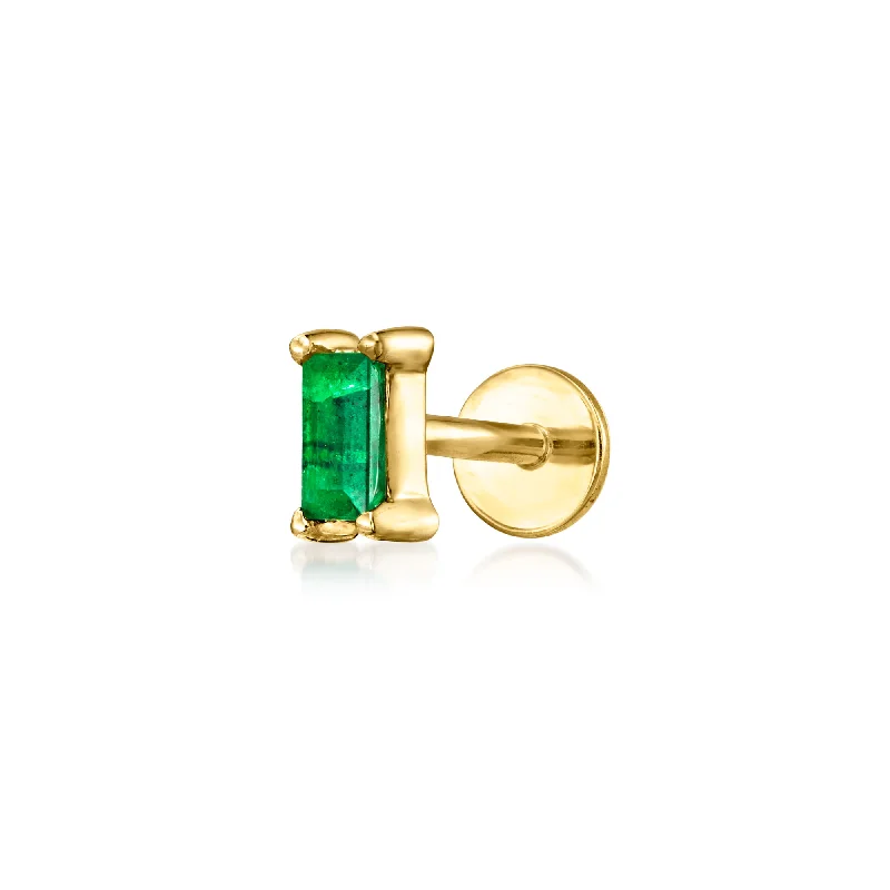 Hoop earrings with polished metal for a shiny and high-quality finish-RS Pure by Ross-Simons Baguette Emerald-Accented Single Flat-Back Stud Earring in 14kt Yellow Gold