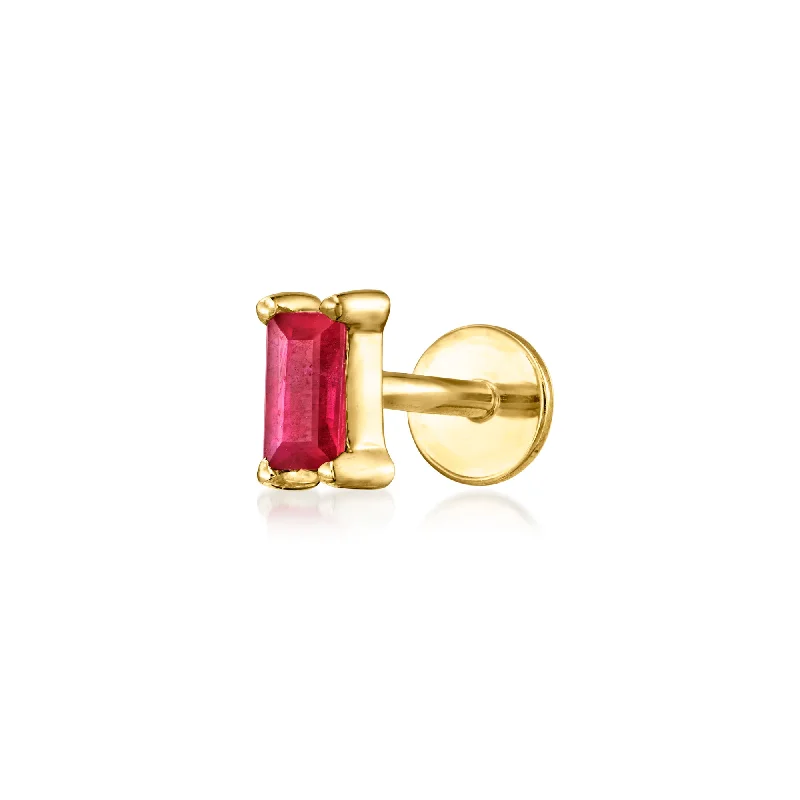 Best hoop earrings with matching bracelets for a coordinated jewelry set-RS Pure by Ross-Simons Baguette Ruby Single Flat-Back Stud Earring in 14kt Yellow Gold