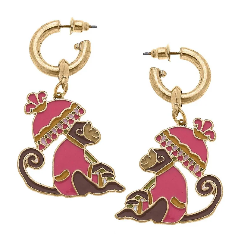 Best hoop earrings with Swarovski crystals for added sparkle and luxury-Women's Remy Enamel Monkey Earrings In Pink/brown