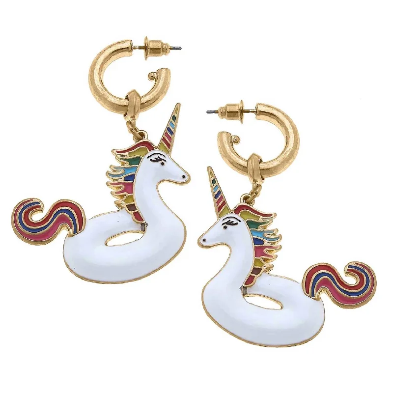 Hoop earrings with textured gold for a refined and sophisticated aesthetic-Women's Unicorn Pool Float Enamel Earrings In White Multi