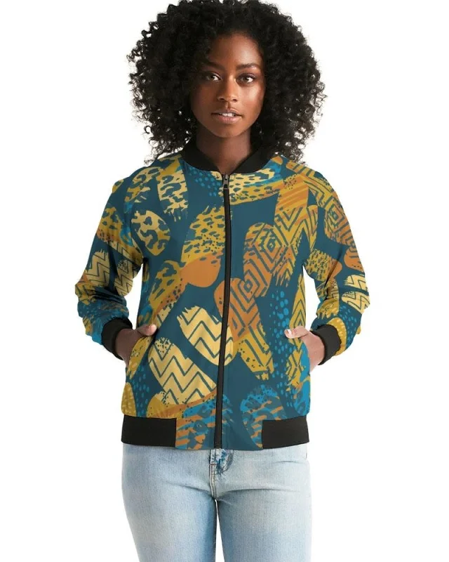 Recycled Jackets for Green -Jackets for layering during fall -Tribal Blue Abstract Style Womens Bomber Jacket