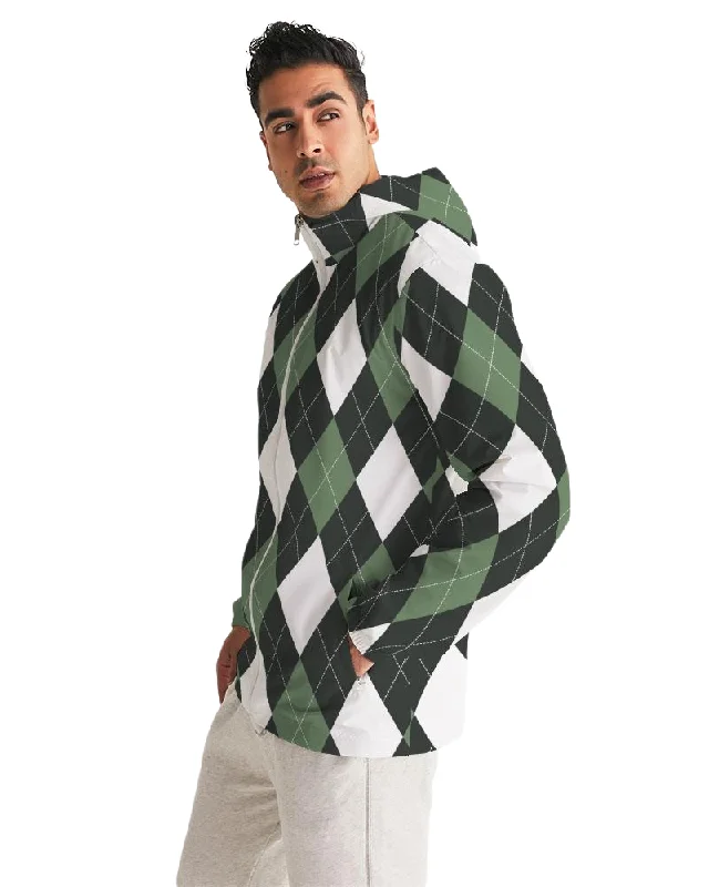 Mother's Day Jackets for Gift -Motorcycle jackets for men -Mens Hooded Windbreaker - Green Tartan Plaid Water Resistant Jacket - JJR60X