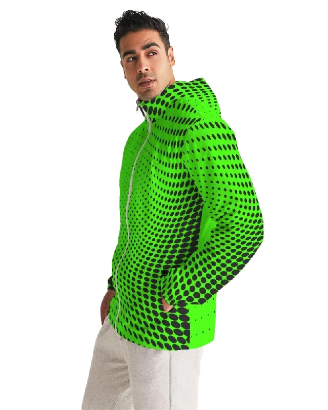 Father's Day Jackets for Present -Cozy puffers for winter outings -Mens Hooded Windbreaker - Neon Green Polka Dot Water Resistant Jacket - JJWD0X