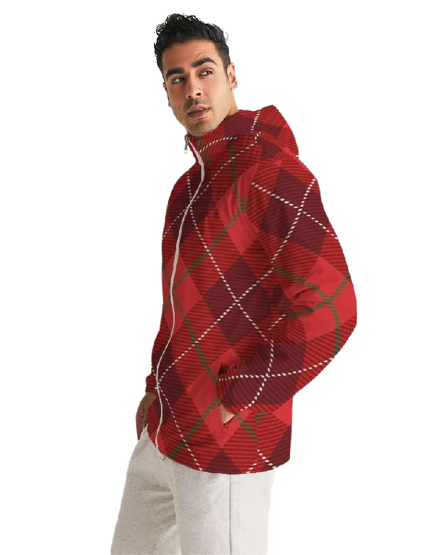 Embroidered Jackets for Detail -Eco-friendly jackets for outdoor activities -Mens Hooded Windbreaker - Red Tartan Plaid Water Resistant Jacket - JJZ80X