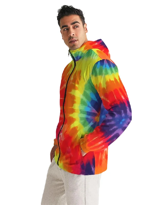 Sportswear Jackets for Athletic Use -Casual jackets for outdoor activities -Mens Hooded Windbreaker - Rainbow Tie-Dye Water Resistant Jacket - JL330X