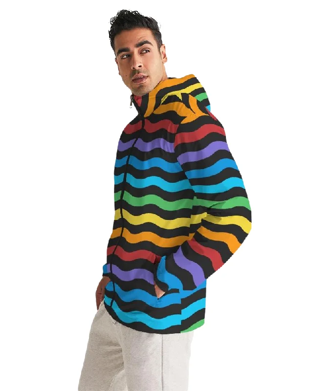 Printed Jackets with Patterns -Waterproof jackets for running -Mens Hooded Windbreaker - Rainbow Striped Water Resistant Jacket - J7MY0X