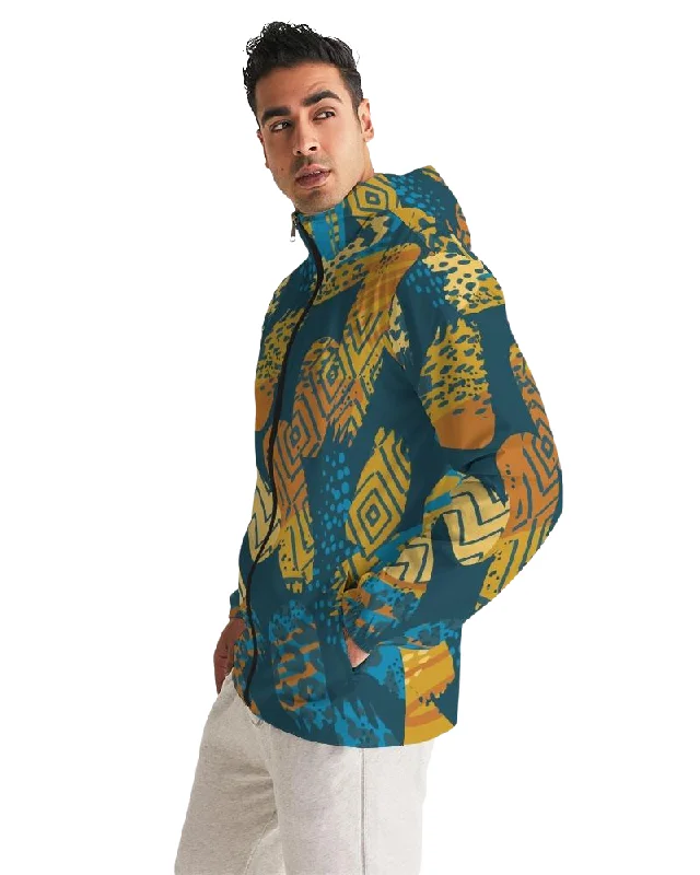 Floral Jackets for Feminine -Zip-up jackets for everyday wear -Men's Windbreaker, Blue Geometric Style Men's Hooded Jacket